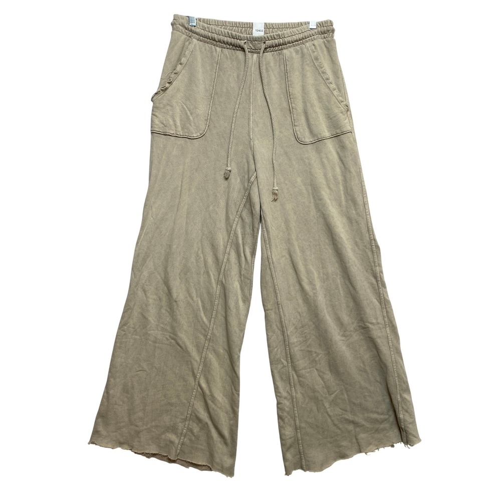 Three Bird Nest Pants Womens L Tan The Nest Wide Leg Raw Hem Drawstring
